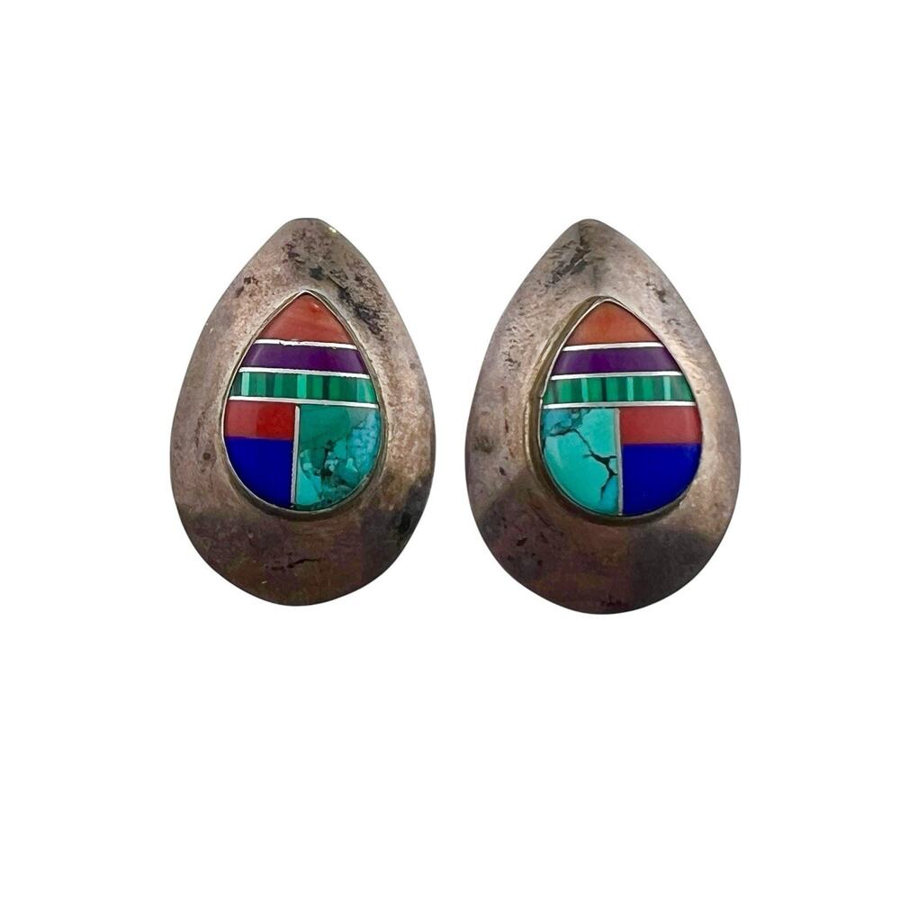 Vintage Southwest Style Sterling Silver Earrings Inlaid Gemstones Turquoise